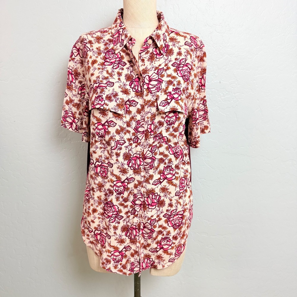 Porridge Anthropologie Medium Floral Mixed Media Button Down Shirt Burgundy